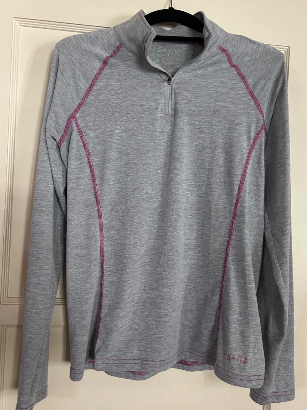 Women’s pullover grey Orvis top with UPF 30 sun protection